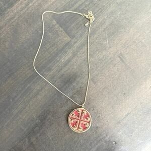 Tory Burch Logo Medallion Pendant Necklace Gold Tone Red Enamel 20" Adjustable